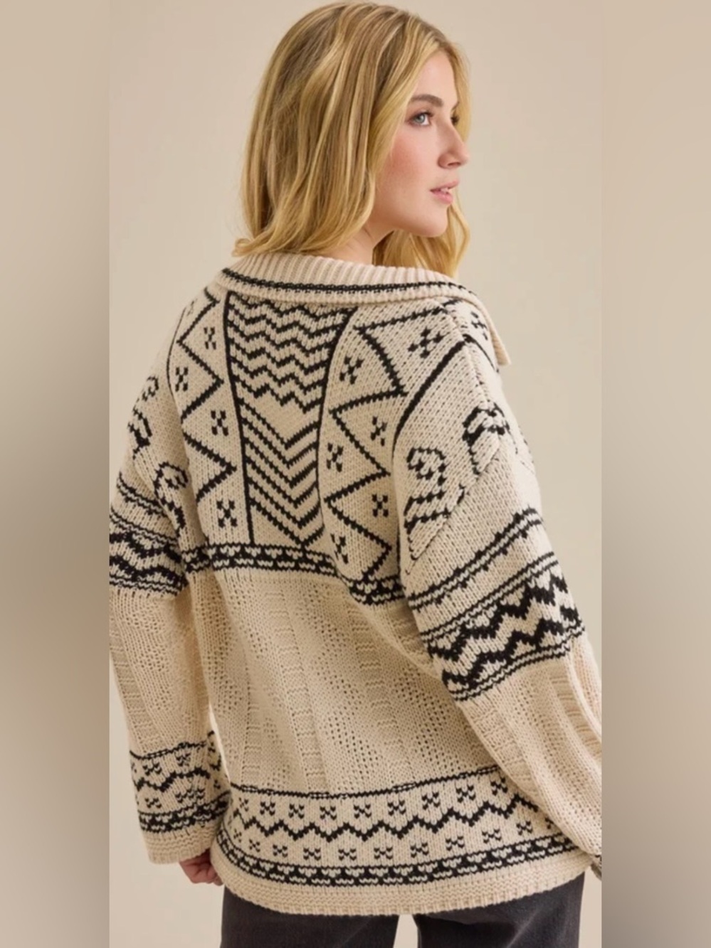 Altar'd State Naya Fair Isle Cardigan Cream Black Chunky Knit - Picture 6 of 10